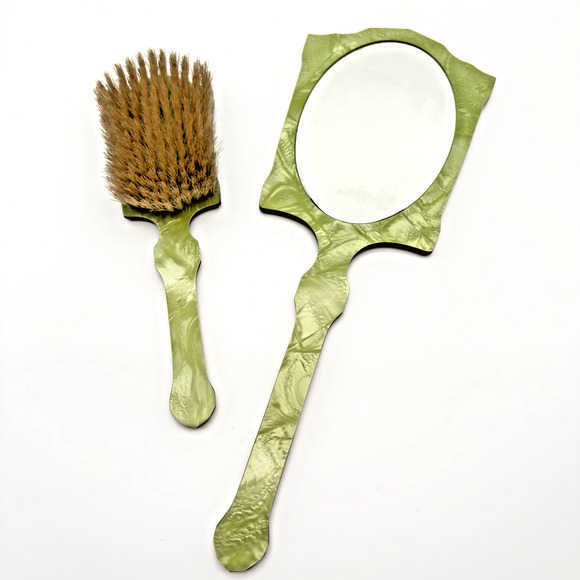 Vintage Art Deco Hand Mirror Brush Set Beveled Celluloid Green Pearlized Lucite - Picture 2 of 12